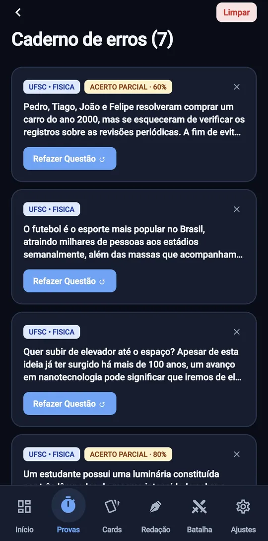 Caderno de erros com questões de Física da UFSC e acerto parcial