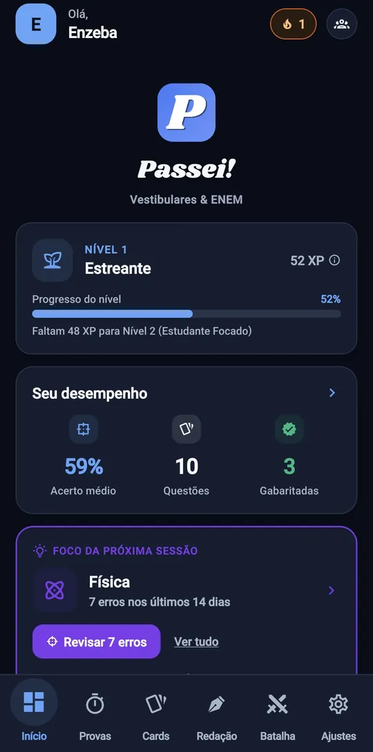 Tela inicial do app com nível, XP, desempenho e a matéria para revisar